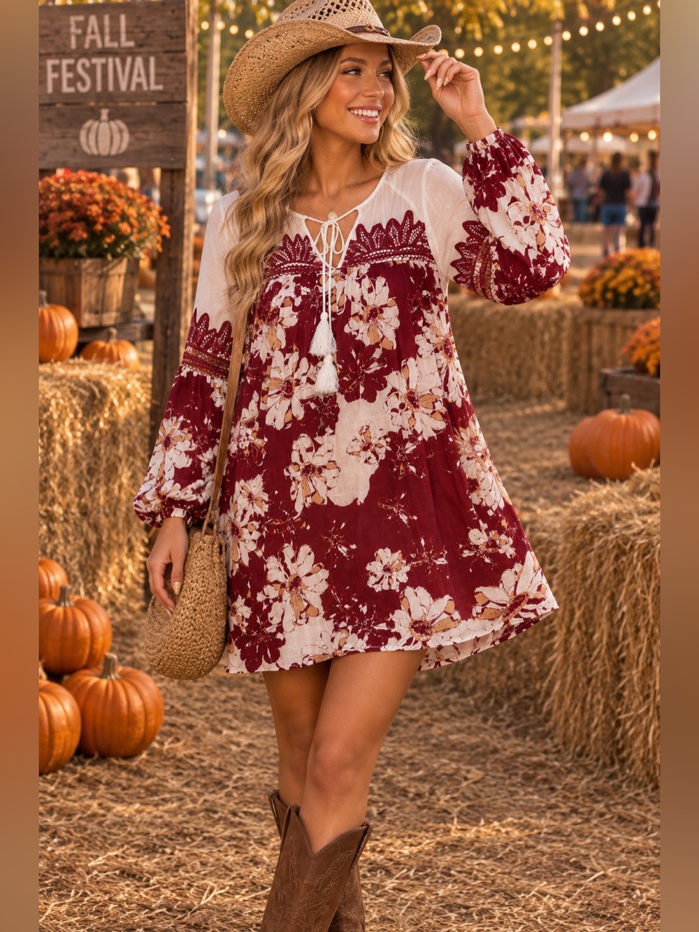 Threadzwear Red, Ivory Floral Dress - Small